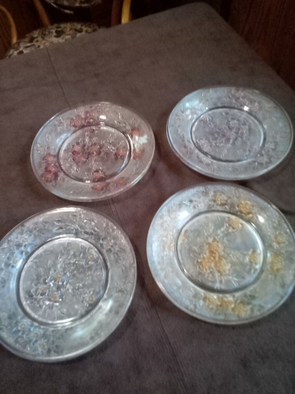 Vtg Rerverse Pressed Glass Plates~CLEAR with colored Flowers 8 1/4"